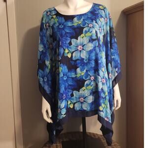 Avenue Blue Floral Metallic Sheer Layered Blouse Women’s 22/24 Plus Size Tunic